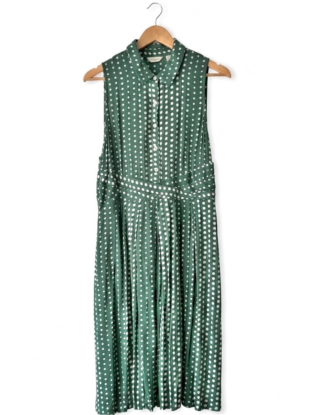 SOLD-Anthropologie 11·1·TYLHO Brynn Shirt Dress With Pockets Green Polka Dot L - Picture 2 of 11